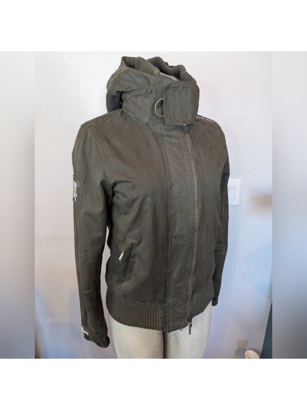 Superdry Japan Microfibre Windbomber Hooded Jacket, Khaki  Green  Women's Small